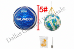 Two soccer balls with 'Salvador' branding, a pump, and a bag on a white background.