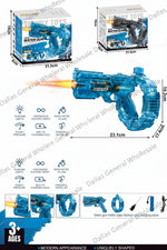A toy water gun set shown on a white background with its retail box, multiple views of the toy, dimensions, feature icons, and product details. The main product is a translucent blue water gun with a black grip and a small orange flame effect, alongside its packaging and accessories.