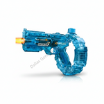 A translucent blue toy water gun with a circular handle and a small orange flame effect coming from the nozzle, shown on a white background with a faint reflection.