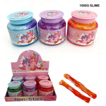 Four jars of 'My Fair Lady' brand non-sticky slime in pastel blue, purple, pink, and green, shown alongside a pink retail display box and two orange-red slime bones on a white background with product text details.