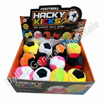 A retail display box of 'Hacky Kicks' football-themed plush balls, containing 24 multi-colored soft soccer balls in various patterns like stripes and pinstripes, set against a plain white background with a diagonal watermark.
