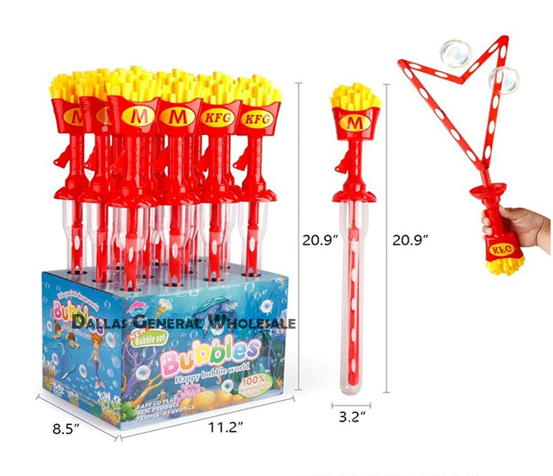 Red bubble wands with yellow tips in a display box, showing dimensions and a hand holding a wand.
