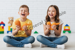 A young boy and girl sitting cross-legged on a white carpet in a bright room, laughing while holding orange plush toy animals. The boy wears a yellow t-shirt and blue jeans, and the girl wears a white t-shirt and blue jeans.