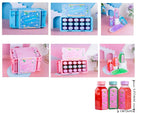 A collage showing a toy playset with small colorful bottles, containers, and accessories in pink and blue, and a height measurement. No people or real environment are present; this is a product collage on a pastel studio-style background.