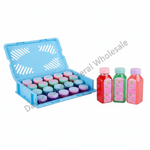 A light blue plastic organizer tray holding multiple small round bottles with pastel-colored caps, alongside three larger rectangular bottles in red, green, and pink with floral labels. A diagonal 'Dealer Wholesale' watermark is visible across the image.