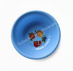 Blue ceramic bowl with fruit design on a white background