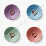 Four colorful bowls with fruit design on a white background