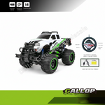 A white and green remote control off-road truck with large black tires, shown on a white background with feature icons, a steering wheel diagram, and a Callop logo banner.