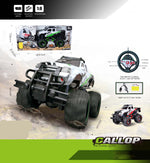 A promotional product graphic for a remote-controlled off-road monster truck. The main subject is a white and green RC truck shown in a desert-like sandy terrain, with black wheels and a black roll bar.