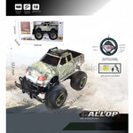 A product listing graphic for a 4WD remote control monster truck. The main subject is a camouflage-patterned RC truck with oversized tires, shown in a desert setting.