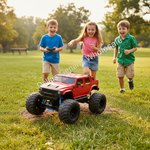 A red remote control monster truck with large black tires is on a grassy park lawn, with three children running and playing behind it in a sunny outdoor setting. A diagonal watermark reading 'Dallas General Wholesale' is overlaid across the center.