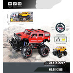 A promotional product graphic for a red remote-controlled off-road truck with large black tires, shown with a remote control, battery, and packaging details on a light gray background with product specs and branding.