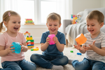 Three children playing with colorful toys in a room with toys scattered on the floor.