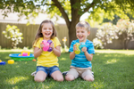 Two children playing with colorful toys in a backyard