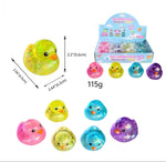 Colorful duck-shaped toys with packaging and specifications on a white background