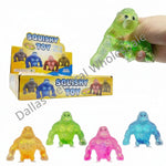 Squishy toys with packaging and dimensions displayed on a white background