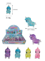 Unicorn-shaped toys with packaging and specifications on a white background