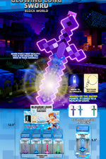Promotional product graphic for the Glowin' Long Sword Block World set, showing a large glowing purple sword in a Minecraft-style scene, plus smaller product views and dimensions at the bottom.
