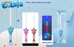 A product listing graphic for a set of four LED bubble wand toys. The image shows the four wands (blue, pink, red, and light blue) with dimension callouts, and a demonstration of the colorful LED lighting effect.