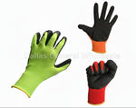 Three pairs of gloves in green, black, and red with different patterns on a white background.