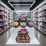 A Halloween-themed toy or mystery box display set in a retail store aisle. Multiple round decorative bowls with colorful glittery lids and carved pumpkin bases are arranged on white pedestals, with a matching retail display box in front.