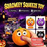 A hand holds a small orange pumpkin-shaped squishy toy with a purple mouth and cartoon eyes against a Halloween-themed dark purple background. plus smaller product examples in orange, purple, and black and a pack of similar toys.