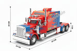 Toy truck with lights and music features, including dimensions and color details.