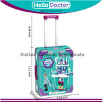 Toy suitcase with 'Hello Doctor' branding and dimensions displayed.