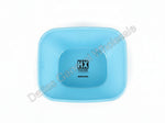 Blue plastic basin with 'HX' branding on a concrete floor