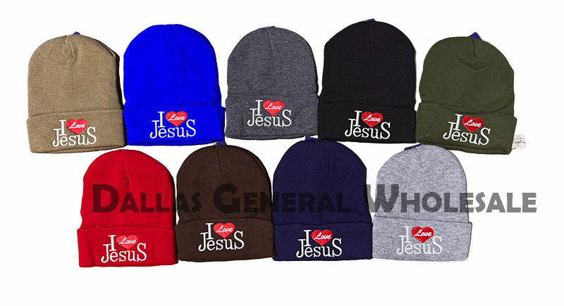 "I Love Jesus" Embroidered Sherpa-Lined Thermal Beanies - Fur Insulated Faith Hats Wholesale