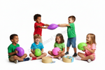 Children playing with colorful balloons on a white background