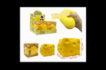 Yellow cheese-shaped product with packaging and a hand holding one, on a black background.