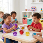 Children sitting around a small table in a bright room, holding and playing with colorful translucent flower-shaped toy blocks. A pink heart-patterned box is visible on the table, and shelves in the background hold more toys and storage bins.