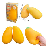 Mango-shaped foam stress toy shown with its retail box, overlaid with dimension lines indicating 6.5cm x 9.
