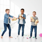 Three children playing in a bright white room, each holding a yellow textured, peanut-shaped toy. They are dressed in casual jeans and t-shirts, with colorful confetti and balloons scattered on the floor.