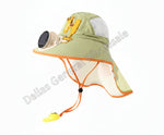 Children's sunshade hat with solar and USB charging features, featuring cartoon designs on a white background.