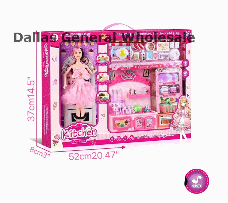 Toy kitchen set with dolls and accessories in packaging, labeled 'Dallas General Wholesale'.