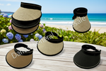 Set of beige visors with black straps on a white background