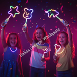 Three young girls celebrating with glowing neon light-up wands and a matching neon necklace against a dark background with confetti. A diagonal text overlay reads 'Dallas General Wholesale'.