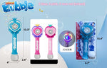 A product listing graphic for Ward Bubble toy wand bubble blowers. The image shows three product views: a single blue wand with dimension labels on the left, two smaller wand examples in pink and purple in the center, and a packaged blue wand on the right.