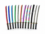 A set of ten miniature Japanese katana-style toy swords with black handles and colorful curved blades, arranged in a row against a white background.