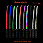 A set of 12 LED light samurai swords with colorful glowing blades, displayed side-by-side on a black background with text overlays detailing the features.