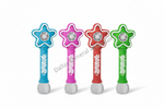 Four star-shaped handheld fan toys in blue, pink, red, and green, arranged in a row on a white background.