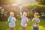 Three young boys smiling and playing with star-shaped bubble wands in a sunny backyard, surrounded by floating bubbles on a green lawn.
