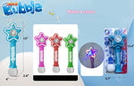 A product collage for Ward Bubble star-shaped bubble wand toys, showing multiple color options (blue, pink, red, green), dimensions, a light-up effect inset