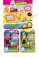 Two cartoon drawing board toy sets in retail packaging, shown below a larger product collage. The sets include a yellow and pink eraser-style drawing pad, slide base, paintbrush, and small character accessories.
