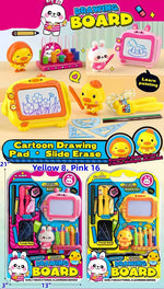 A toy drawing board set shown in a collage-style product listing image. The main product appears to be a cartoon drawing pad with slide erase feature, accompanied by small duck and bunny figures, colored pencils, and multiple accessory pieces.