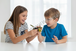 A young boy in a blue t-shirt and a girl in a striped shirt sit at a white table, smiling as they look at and hold a small yellow and black striped toy insect. A diagonal watermark reading 'Dallas General Wholesale' is visible across the center.