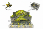 A display box filled with small yellow-and-black bee toy figures, shown with dimension callouts and a separate bee size diagram on a white background. 