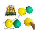 Mega Fruit squeeze toy lemons in yellow and green, shown with a retail display box, dimensions, quantity text ('6pcs', '6486 48pcs'), and a hand squeezing one lemon.